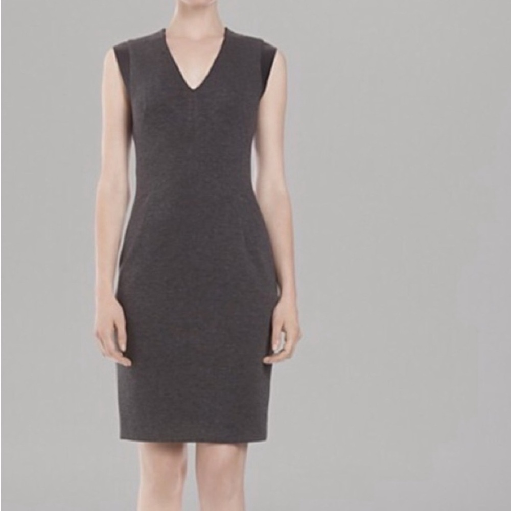 Sandro Gray V Neck Dress Leather Trim Sleeves Size 2 US M